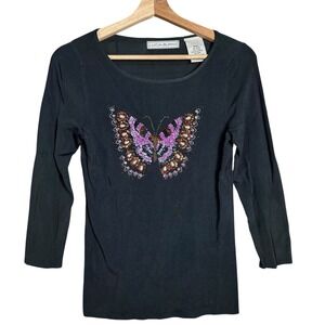 Beaded SEQUINS Butterfly Top Black Rib Knit fairycore coquette whimsical Y2K